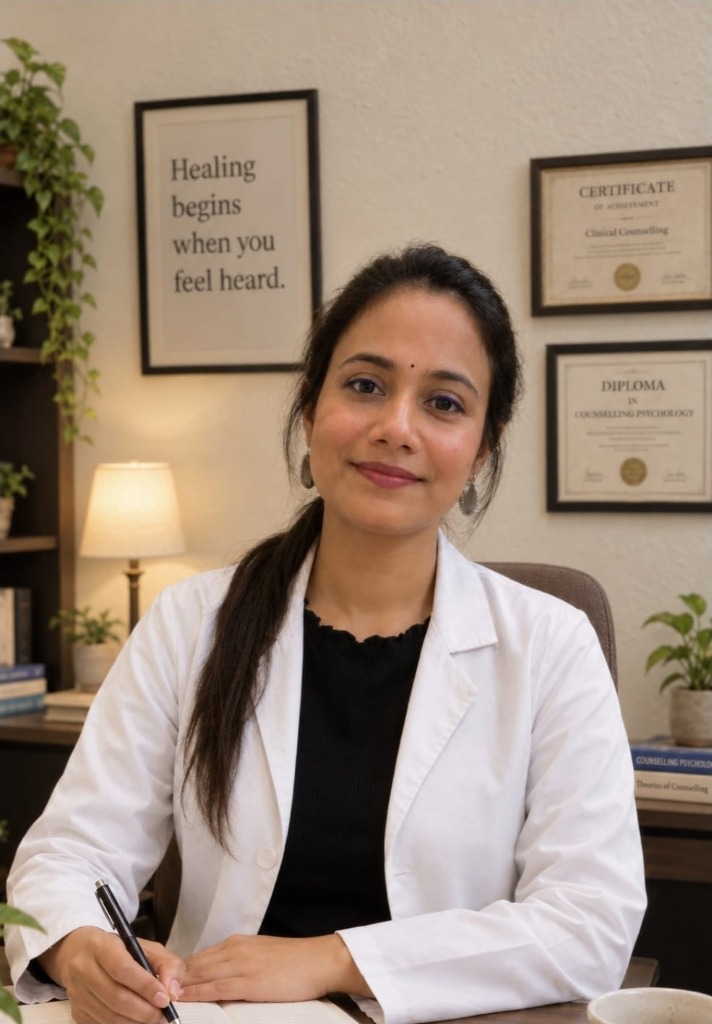 Counsellor Abha in her clinical therapy office